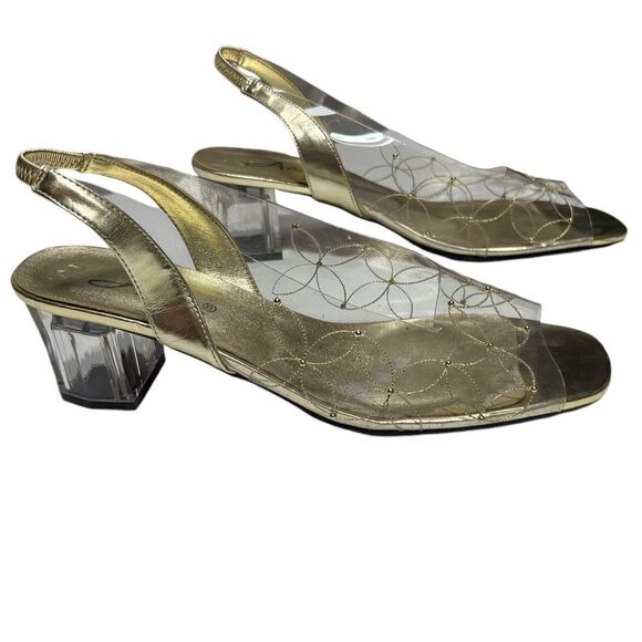 Vintage Inspired Annie Gold Clear Slingback Heels Floral Design Short Block Heel - Picture 1 of 10